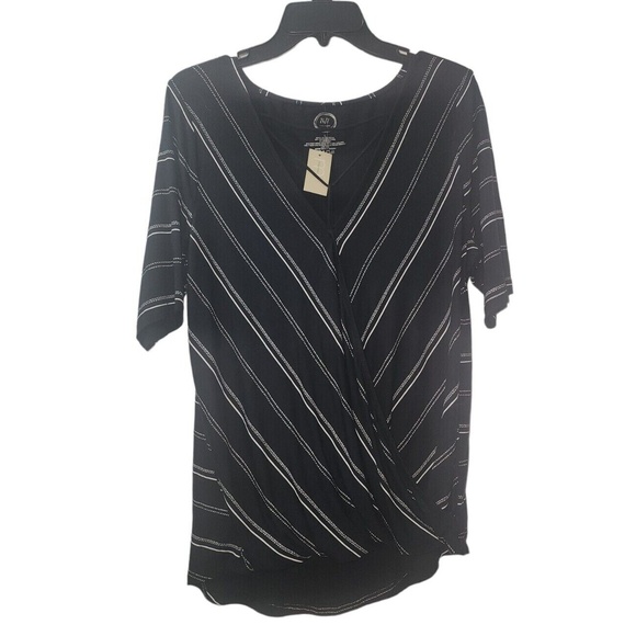 Tops - Maurices 24/7 Top Blouse Striped Faux Wrap Elbow Sleeve Black White L